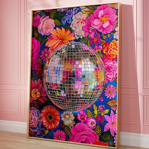 Printable Wall Art, Disco Ball Maximalist Oil Painting, Vivid Bold Dopamine Botanical Picture, Living Room Colorful Trendy Kitsch Pink Print
