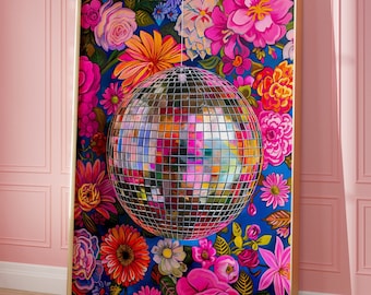 May include: A framed print of a silver disco ball surrounded by colorful flowers on a blue background. The flowers are pink, red, orange, yellow, and white.