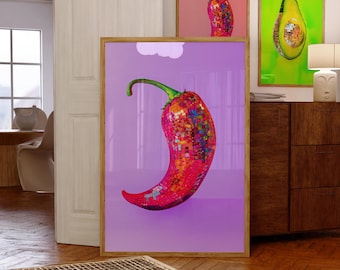Printable Wall Art, Chili Pepper Disco Ball Maximalist Painting, Dopamine Dining Room Preppy Food Poster, Mirror Ball Girly Kitchen Print