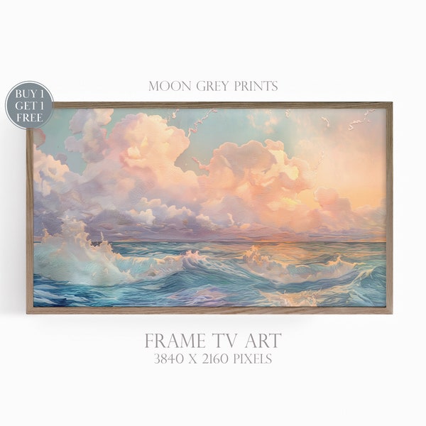 Ocean Wave Frame TV Art, Pastel Summer Sunset Embroidery Sea Frame TV Picture, Colorful Sky Bue Seascape Coastal Decor Artwork Embroidered