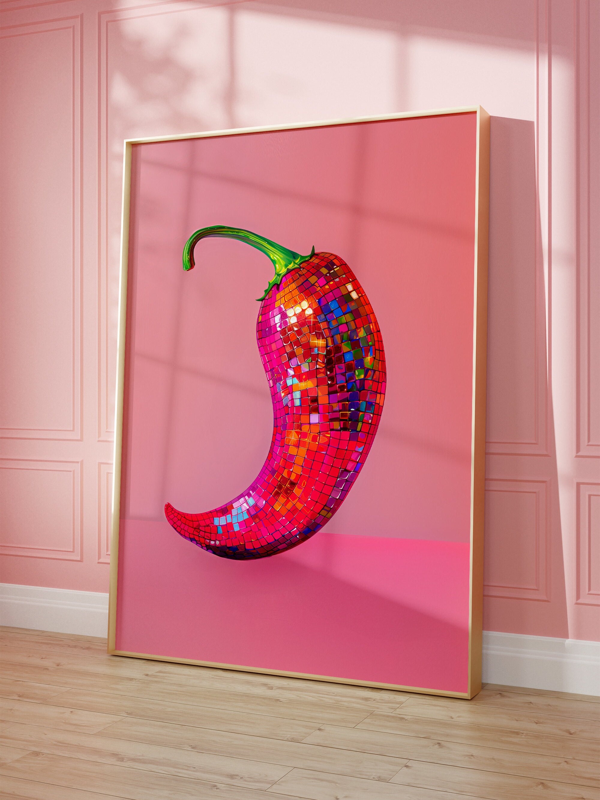 Printable Wall Art, Chili Pepper Disco Ball Maximalist Painting, Dopamine Dining Room Preppy Food Poster, Mirror Ball Girly Kitchen Print