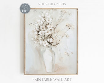 Printable Wall Art, Neutral Pastel Vintage Oil Painting, Wildflower In A Vase White Print, Muted Botanical Beige Poster, Digital Download
