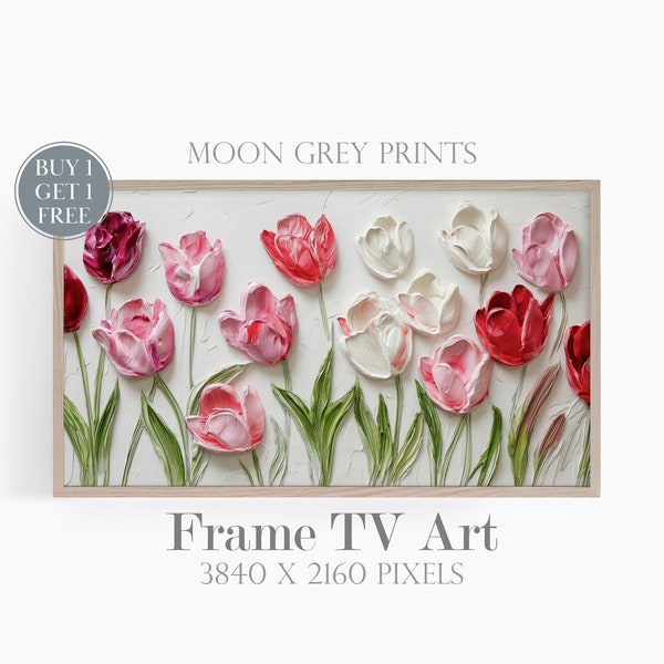 Colorful Tulip Frame TV Art, Bold Botanic Garden Textured Floral 3D Painting, Bright Spring Pink Sculpted Flower Botanical TV Picture