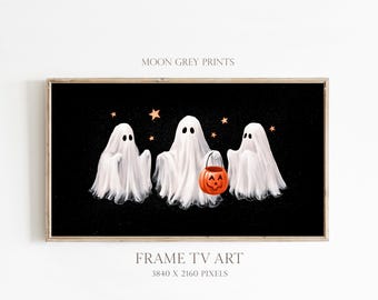 Three Ghosts Halloween Frame TV Art, Cute Spooky Ghost Trio, Black Halloween Decor, Minimalist Fall Art, Samsung Frame TV Digital Download