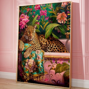 May include: A leopard lounges in a pink bathtub with gold trim, surrounded by lush green and pink tropical foliage. The leopard is resting on a floral patterned pillow.