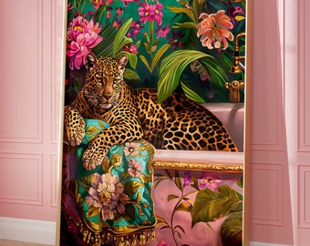 Bathroom Wall Art, Leopard In A Bathtub Vivid Maximalist Painting, Colorful Printable Dopamine Artwork, Kitsch Aesthetic Trendy Decor Print