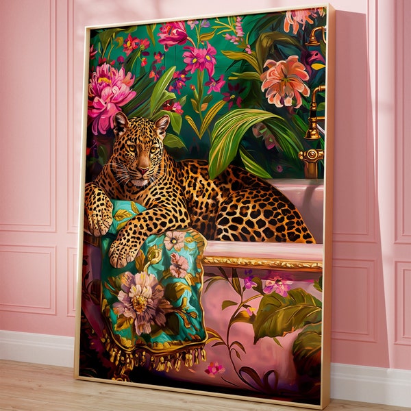 Bathroom Wall Art, Leopard In A Bathtub Vivid Maximalist Painting, Colorful Printable Dopamine Artwork, Kitsch Aesthetic Trendy Decor Print