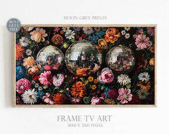 Frame TV Art, Disco Ball Maximalist Oil Painting, Bold Botanical TV Picture, Trendy Living Room Kitsch Decor, Silver Mirrorball Girly Paint