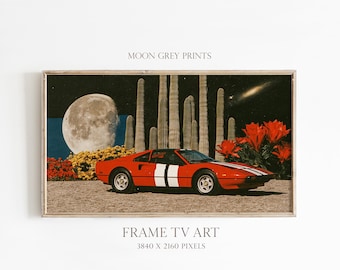 Retro Ferrari Frame TV Art, Vintage Sports Car, Surreal Desert Landscape, Cosmic Moon, Retro Futurism, Samsung Frame TV Digital Download