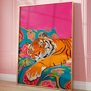 Printable Wall Art, Cute Tiger Vivid Maximalist Oil Painting, Dopamine Animal Pink Poster, Colorful Trendy Bedroom Print, Vibrant Preppy Art