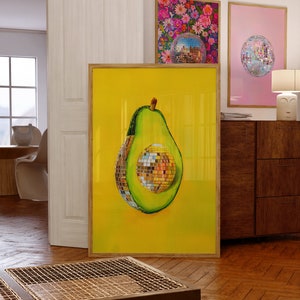 Printable Wall Art, Avocado Disco Ball Maximalist Painting, Dopamine Dining Room Preppy Food Poster, Vivid Mirror Ball Girly Kitchen Print