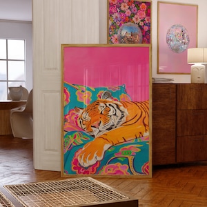 Arte de pared imprimible, linda pintura al óleo maximalista vívida de tigre, póster rosa de animal de dopamina, impresión colorida y moderna para dormitorio, arte preppy vibrante