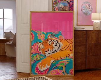 Printable Wall Art, Cute Tiger Vivid Maximalist Oil Painting, Dopamine Animal Pink Poster, Colorful Trendy Bedroom Print, Vibrant Preppy Art