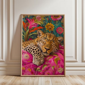 Printable Wall Art, Sleeping Leopard Maximalist Oil Painting, Bold Pink Dopamine Bedroom Poster, Kitsch Wild Animal Eclectic Floral Print