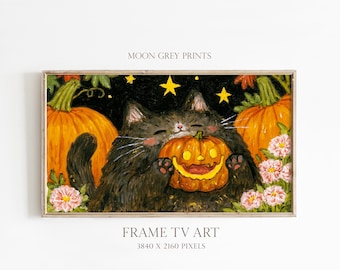 Black Cat Halloween Frame TV Art, Vintage Pumpkin Digital Download, Whimsical Spooky Season Decor, Fall Samsung Frame TV Art
