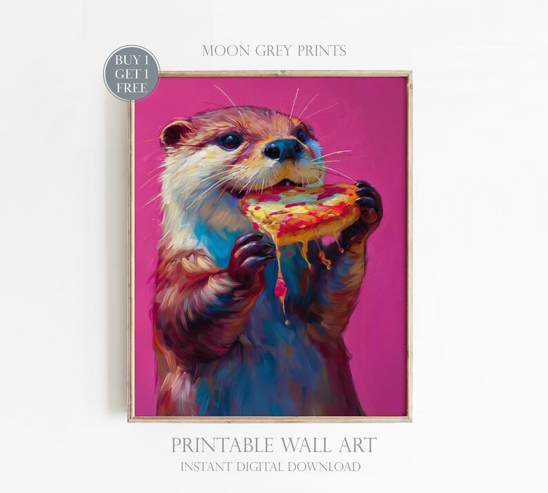 Printable Wall Art, Cute Otter Eating Pizza Maximalist Oil Painting
