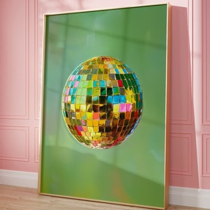 Dopamine Printable Wall Art, Disco Ball Maximalist Painting, Green Poster, Trendy Living Room Decor, Colorful Mirror Ball Preppy Print