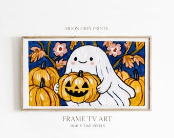 Cute Ghost Halloween Frame TV Art, Jack O Lantern Pumpkin Decor, Colorful Vintage Halloween Art, Whimsical Fall Samsung Frame TV Download