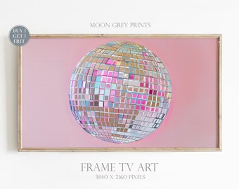 Frame TV Art, Silver Disco Ball Maximalist Painting, Dopamine Mirror Ball Girly Picture, Preppy Living Room Decor, Bright Pastel Pink TV