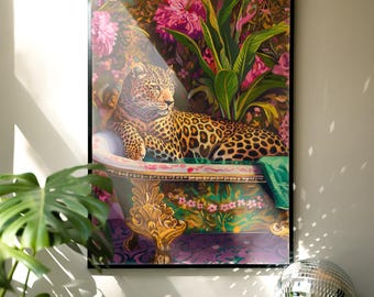 Leopard Bathroom Wall Art, Leopard in Bathtub Printable, Maximalist Bathroom Decor, Dopamine Wall Art, Colorful Animal Print
