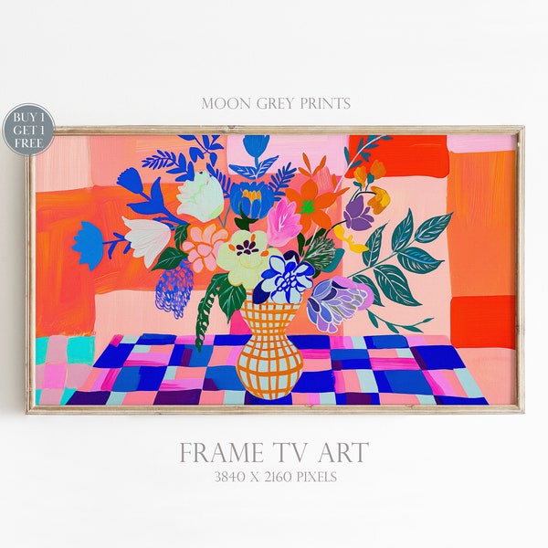 Vivid Frame TV Art, Colorful Still Life Vibrant Checkerboard Textured Oil Painting, Maximalist Mid-Century Modern Bold Flower TV Picture