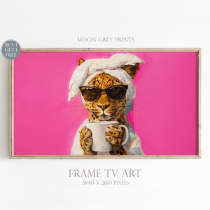 May include: A digital painting of a leopard wearing a white bathrobe and sunglasses, holding a white mug. The background is pink. "FRAME TV ART 3840 X 2160 PIXELS" is printed at the bottom of the image.