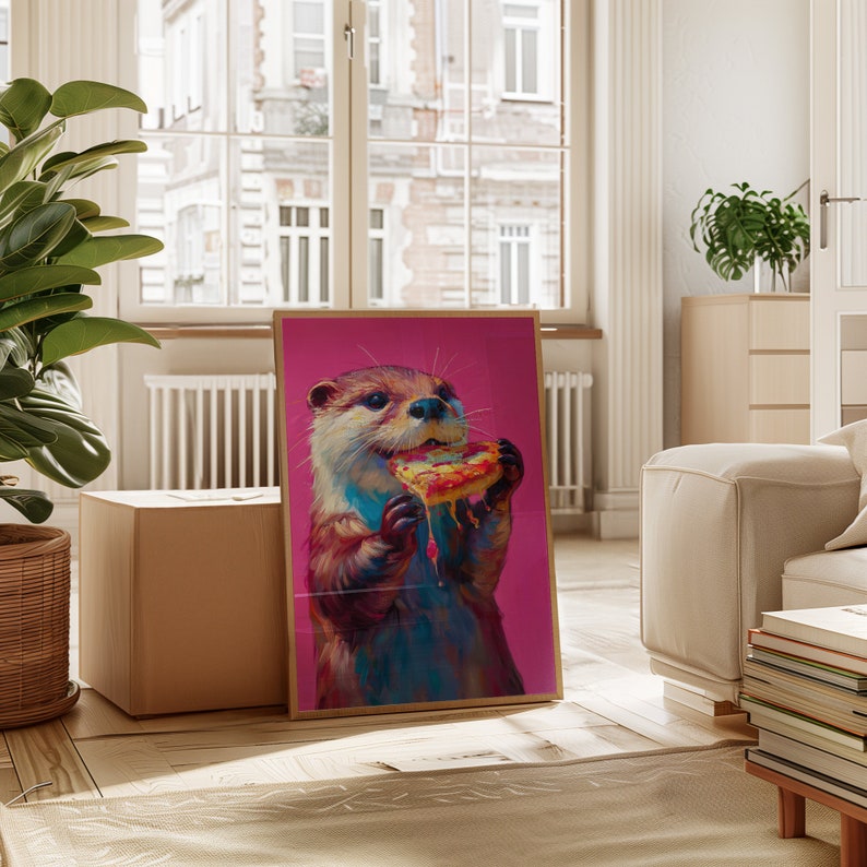 Printable Wall Art, Cute Otter Eating Pizza Maximalist Oil Painting