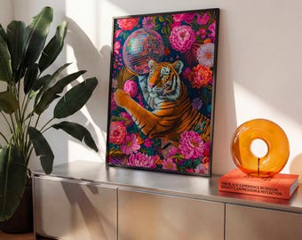 Tiger Wall Art, Disco Ball Floral Print, Maximalist Animal Poster, Dopamine Decor, Pink Eclectic Gallery Wall Art, Colorful Home Decor