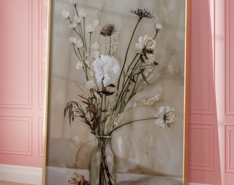 Printable Wall Art, Neutral Pastel Vintage Oil Painting, Wildflower In A Vase Beige Print, Muted Botanical Rustic Poster, Digital Download