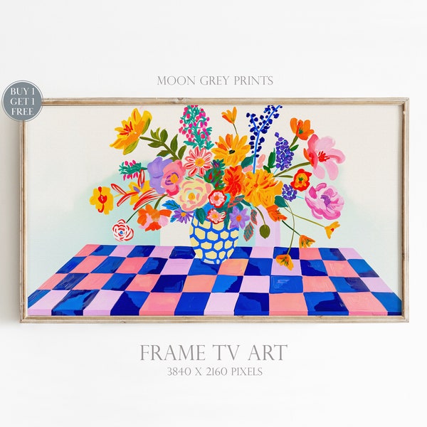 Frame TV Art, Colorful Still Life Vibrant Checkerboard Textured Oil Painting, Maximalist Mid-Century Modern Bold Flower Vivid TV Picture