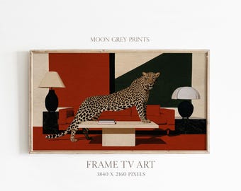 Leopard Frame TV Art, Mid Century Modern Decor, Retro Leopard Painting, Vintage Wildlife Art, Samsung Frame TV Digital Download