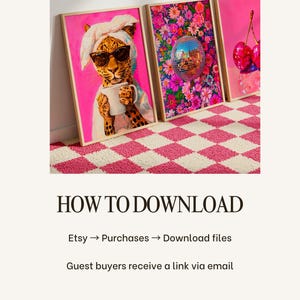 May include: Three framed rectangular wall art prints featuring vibrant pink backgrounds. The first shows a leopard wearing sunglasses and a towel, the second a disco ball amidst colorful flowers, and the third a pair of bright red cherries.
