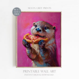 Printable Wall Art, Cute Otter Eating Pizza Maximalist Oil Painting
