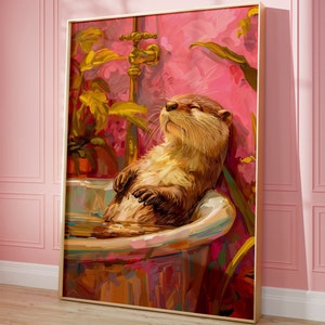 Arte de pared imprimible para baño, pintura al óleo colorida de una nutria adorable, decoración de dopamina, obra de arte vertical rosa vibrante, decoración rosa de moda con animales divertidos.