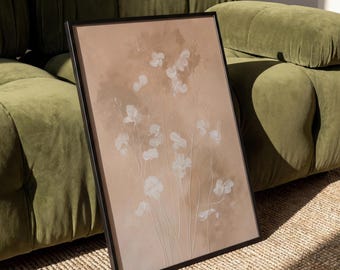 Neutral Floral Wall Art Print, Minimalist Botanical Poster, Beige Organic Modern Decor, White Wildflower Art, Japandi Wall Decor, Unframed