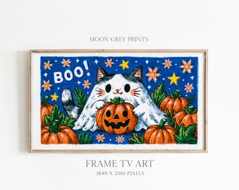 Halloween Cat Frame TV Art, Cute Spooky Cat with Pumpkin, Colorful Whimsical Halloween Decor, Samsung The Frame TV Digital Download