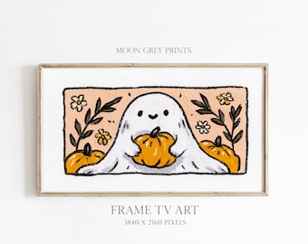 Neutral Halloween Frame TV Art, Cute Ghost with Pumpkin, Beige Boho Halloween Decor, Whimsical Fall Art, Samsung Frame TV Download