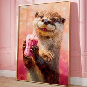 Arte de pared imprimible, pintura al óleo de batido de nutria bebiendo, decoración de dopamina, cartel rosa del comedor de animales, impresión colorida de cocina preppy