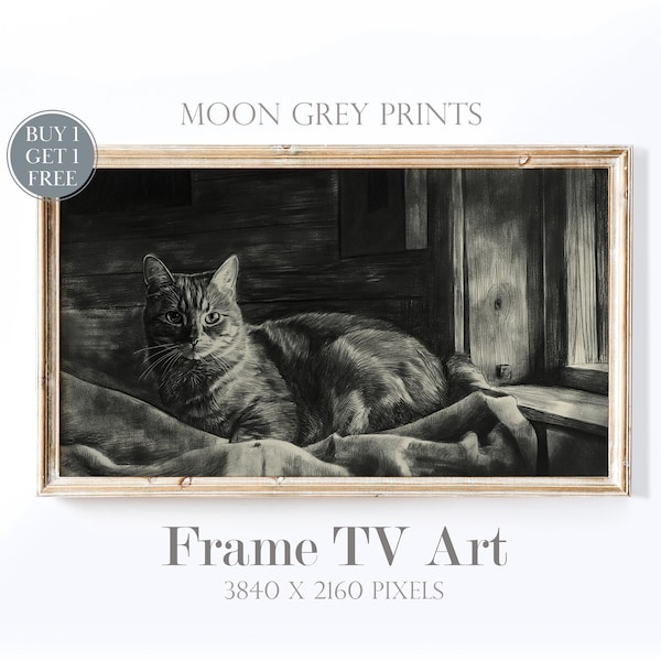 Nostalgic Frame TV Art, Cat Graphite Pencil Drawing, Vintage Style Black Creme Pet Parent TV Artwork, Dramatic Realistic Painting, TV607