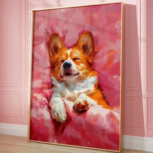 Afdrukbare muurkunst, slapende Corgi preppy olieverfschilderij, dopamine decor, girly roze dieren slaapkamer print, cadeau voor hondenliefhebber, schattig huisdier poster