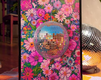 Dopamine Floral Wall Art Print, Pink Disco Ball Poster, Colorful Teen Girl Bedroom Decor, Maximalist Girly Room Art (Unframed)
