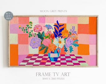 Still Life Frame TV Art, Colorful Floral Vibrant Checkerboard Textured Oil Painting, Maximalist Mid-Century Modern Bold Flower TV Picture