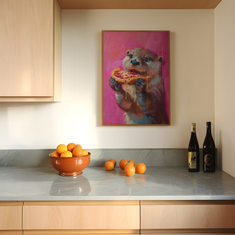 Printable Wall Art, Cute Otter Eating Pizza Maximalist Oil Painting