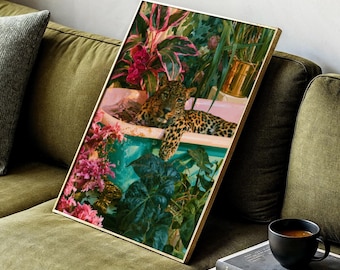Tropical Leopard Wall Art Print, Botanical Bathroom Decor, Jungle Spa Wall Art, Maximalist Bathroom Poster, Luxury Botanical Decor, Unframed