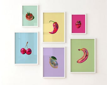 Disco Fruit Printable Wall Art Set of 6, Dopamine Decor, Colorful Gallery Wall Prints, Funky Kitchen Art, Eclectic Digital Download