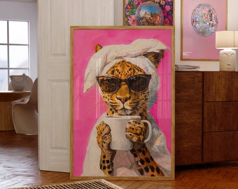 Printable Wall Art, Leopard Drinking Coffee Maximalist Oil Painting, Dopamine Dining Room, Colorful Trendy Kitchen, Vivid Morning Poster