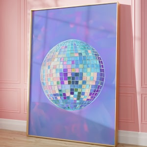 Druckbare Wandkunst, Disco Ball Maximalist Ölgemälde, helles Pastelllila Girly Poster, trendiges Dopamin-Dekor, Spiegelball Vivid Print