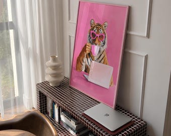 Tiger Wall Art Print, Pink Office Decor, Coffee Lover Poster, Home Office Wall Art, Work From Home Decor, Funny Animal Art, Unframed
