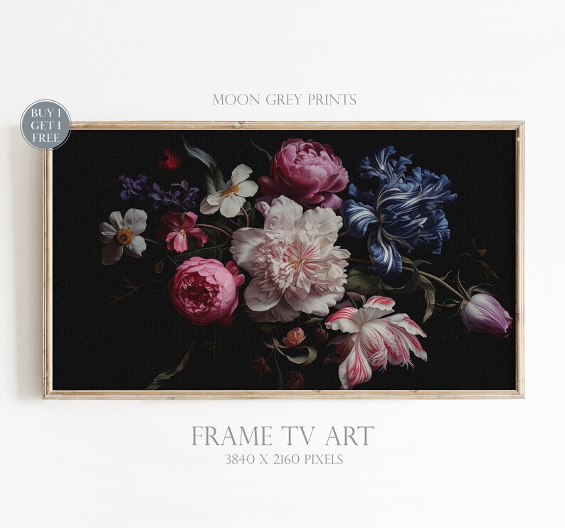 Floral Still Life Frame Tv Art Dark Academia Photorealistic Oil