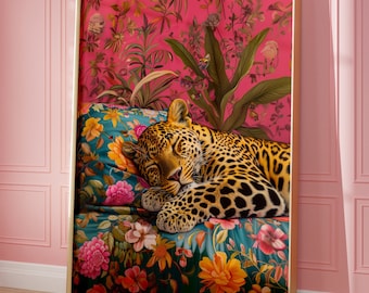 May include: A leopard sleeping on a floral patterned sofa with a pink background. The sofa is covered in a teal and green floral pattern with pink, yellow, and orange flowers.